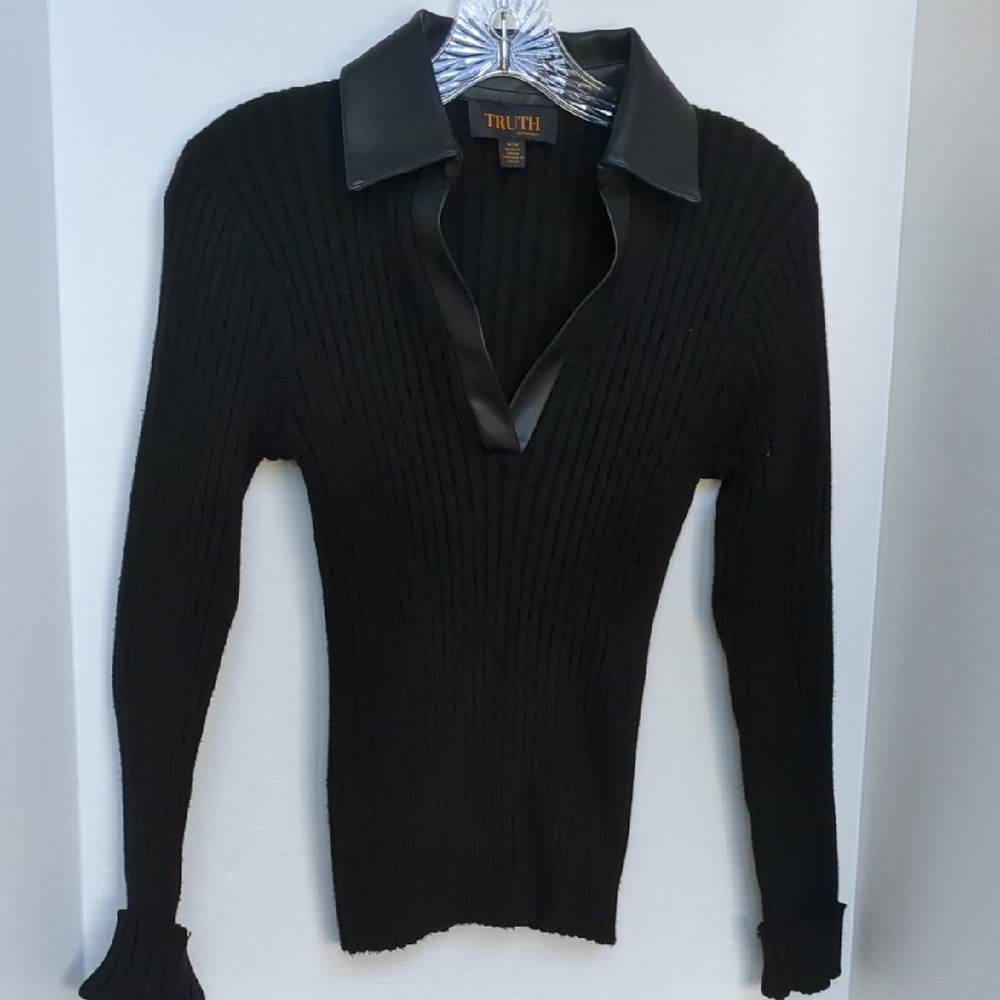 Truth Black Sweater with Faux Leather Collar